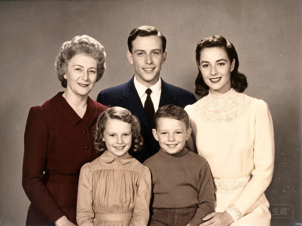 Three-generation family portrait, 1940s — colorized