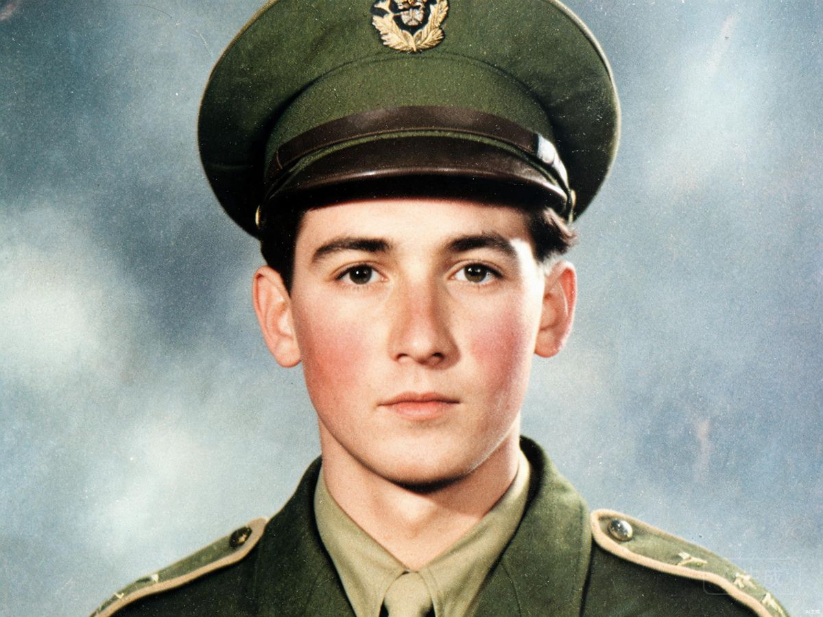 Young soldier in uniform, 1950s — colorized