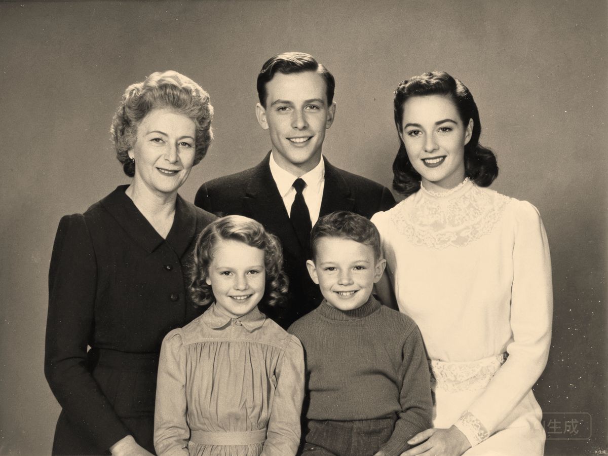 Three-generation family portrait, 1940s — original black and white